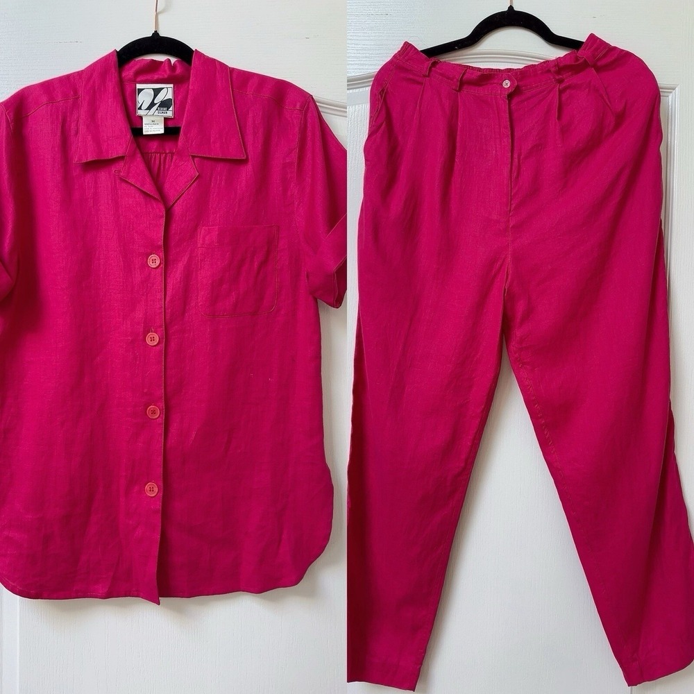 DIANE GILMAN 100% Linen Short Sleeves Shirt & Pant Set, Size M Pink